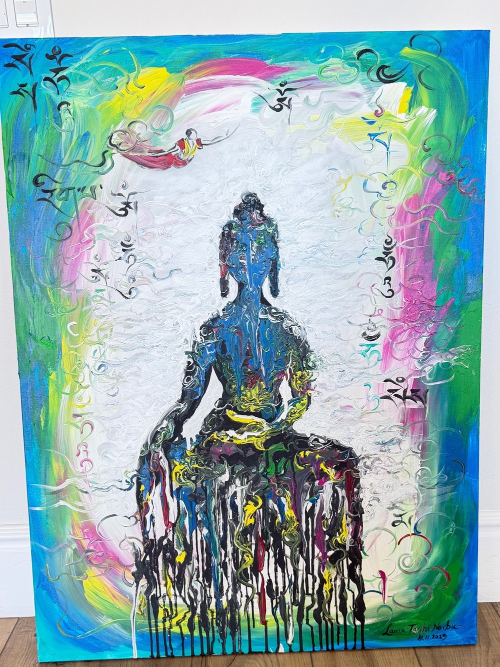 Original art meditating woman in Blue, Green, Pink, Yellow by Tibetan Monk